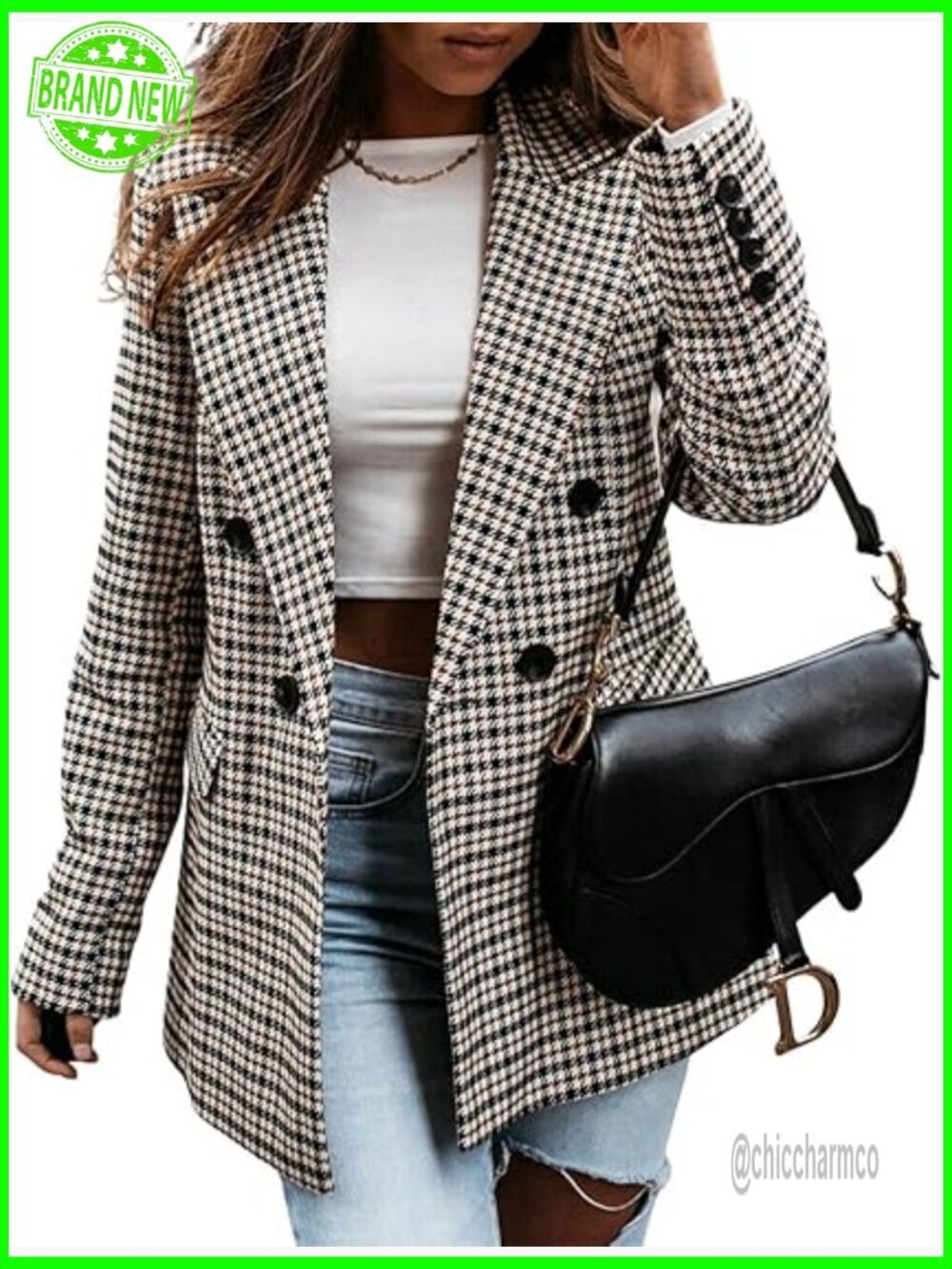 Women's Double Breasted Plaid Blazer Slim Fit Notch Lapel Jacket